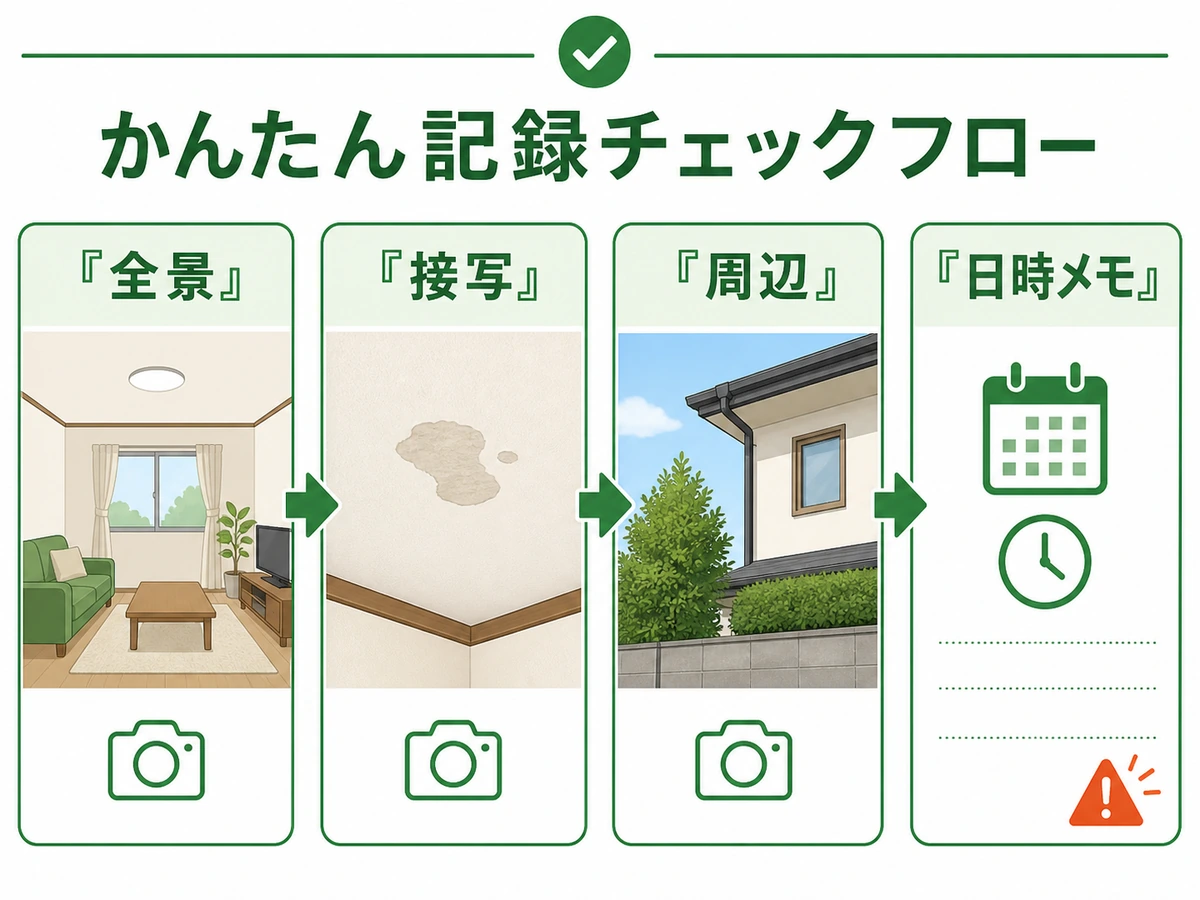害獣被害を全景・接写・周辺・日時メモの順で記録する流れ