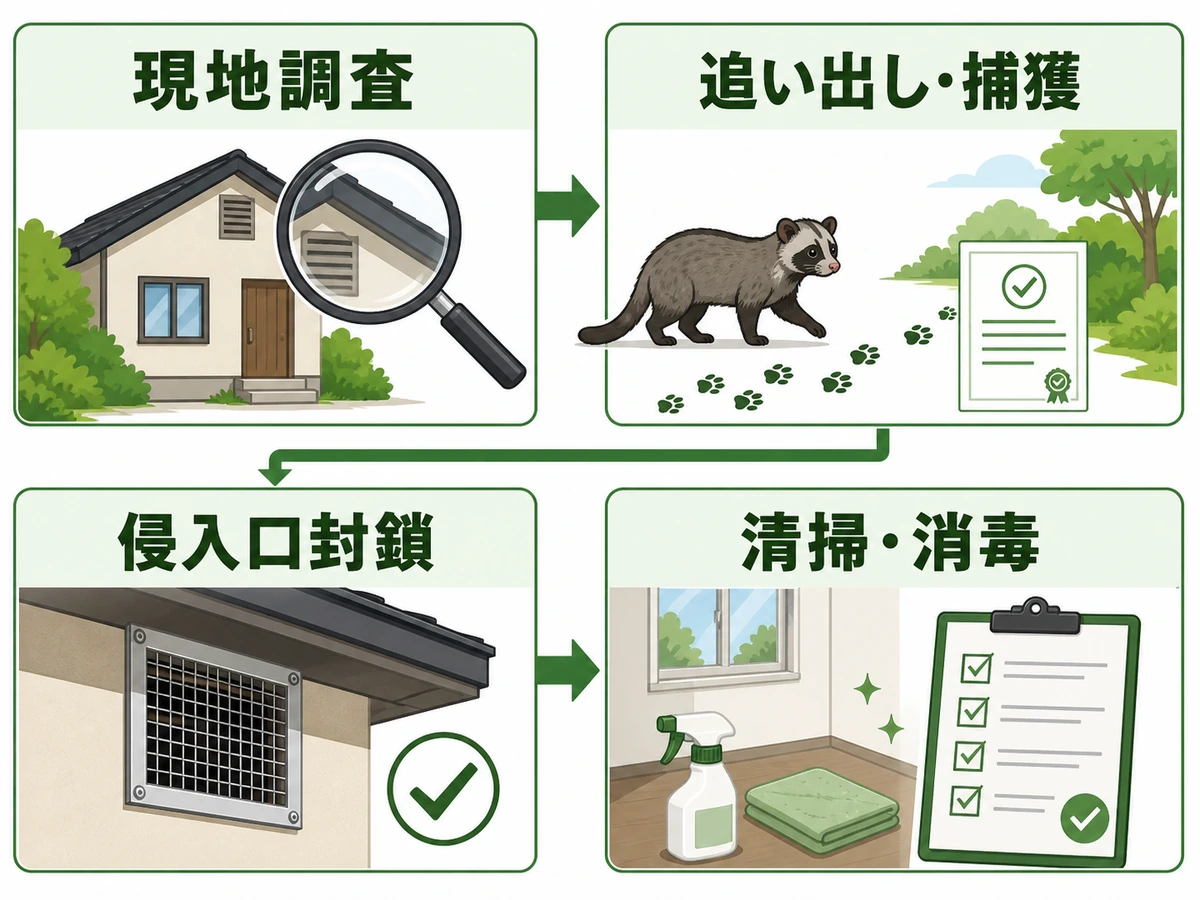 現地調査から清掃・消毒までのハクビシン駆除4工程