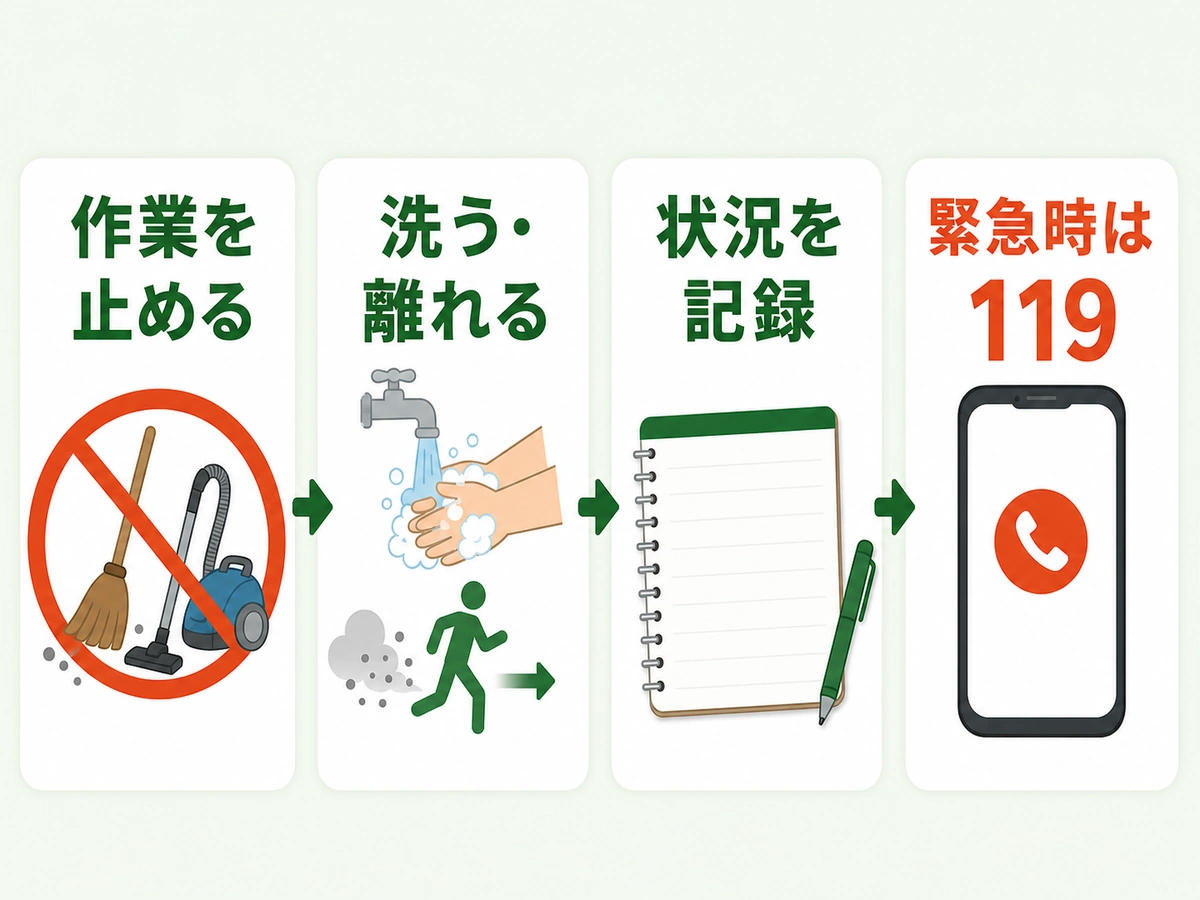 コウモリのフンに触れた・吸い込んだ直後の対応順を示す図