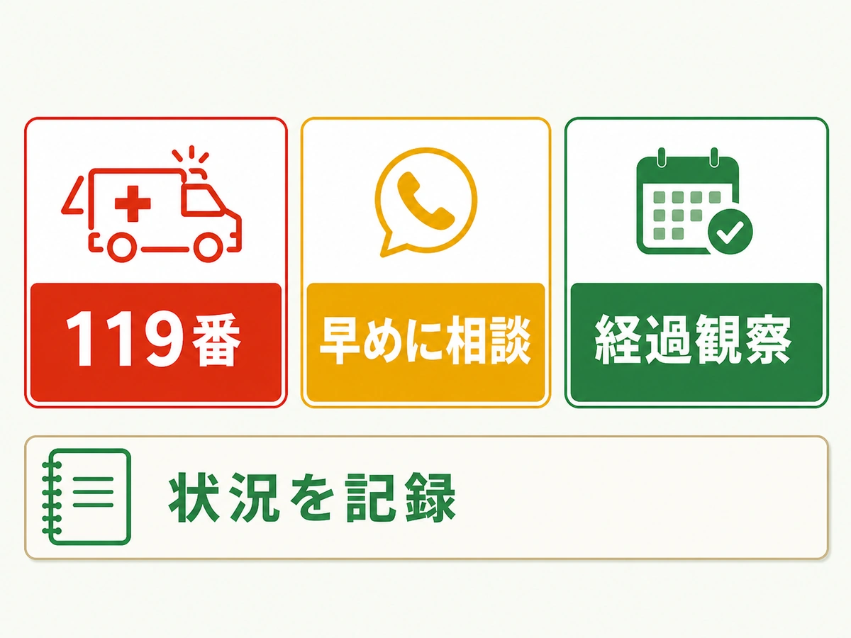 コウモリのフンに触れた後の119番・早めの相談・経過観察の分岐図