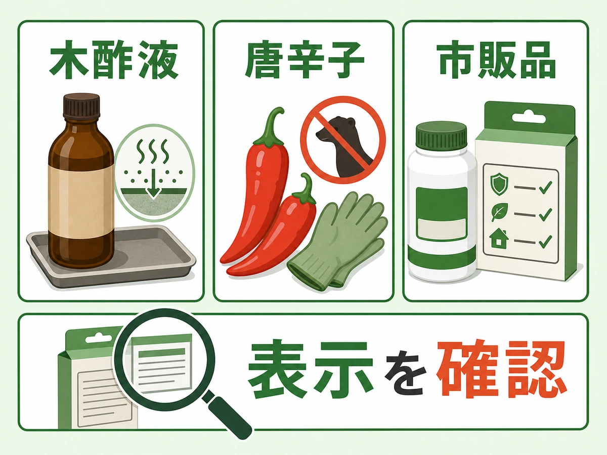 木酢液・唐辛子・市販のイタチ忌避剤を表示と注意点で比べる図