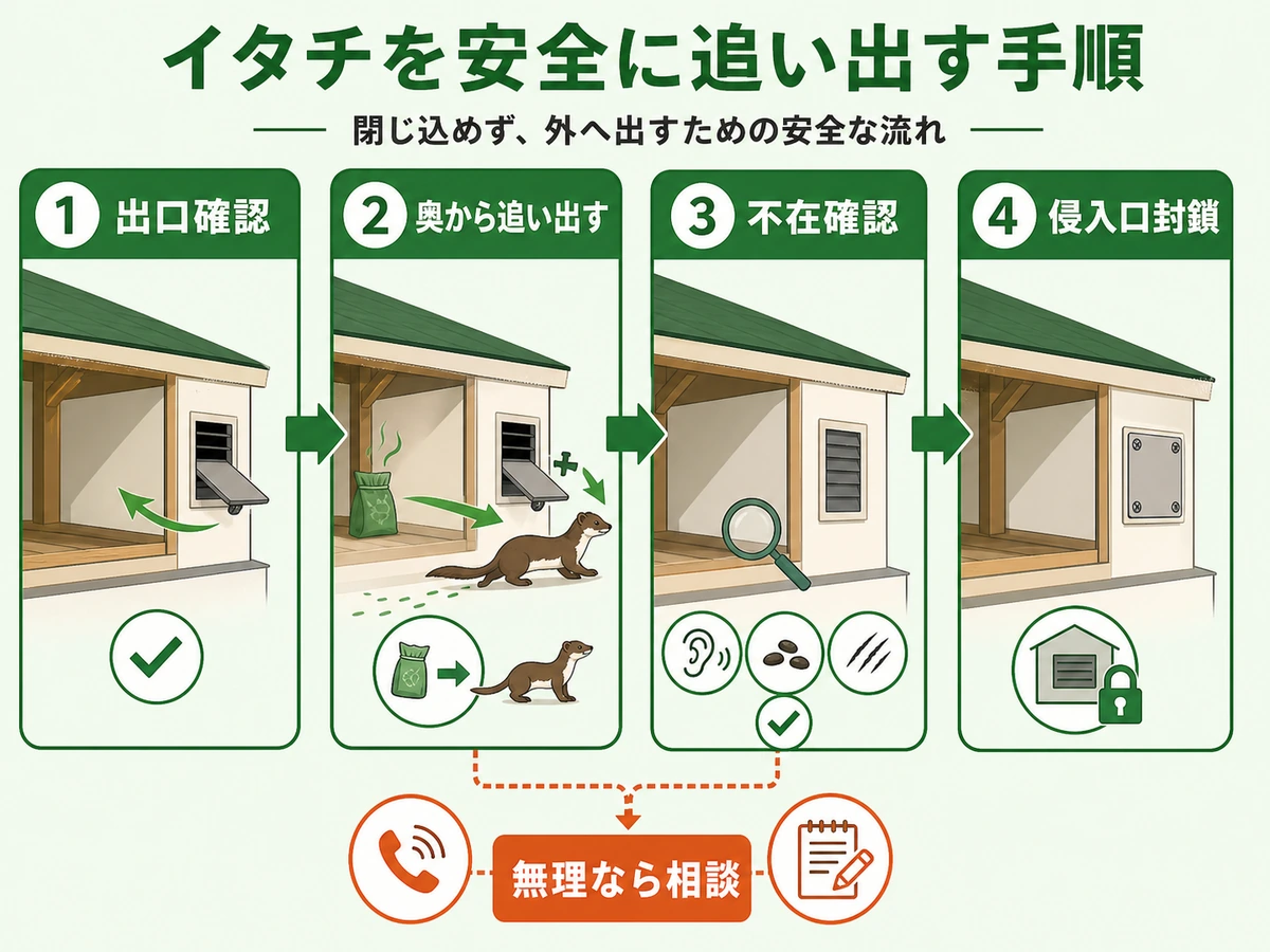 イタチを閉じ込めずに追い出して侵入口を塞ぐ4段階の図