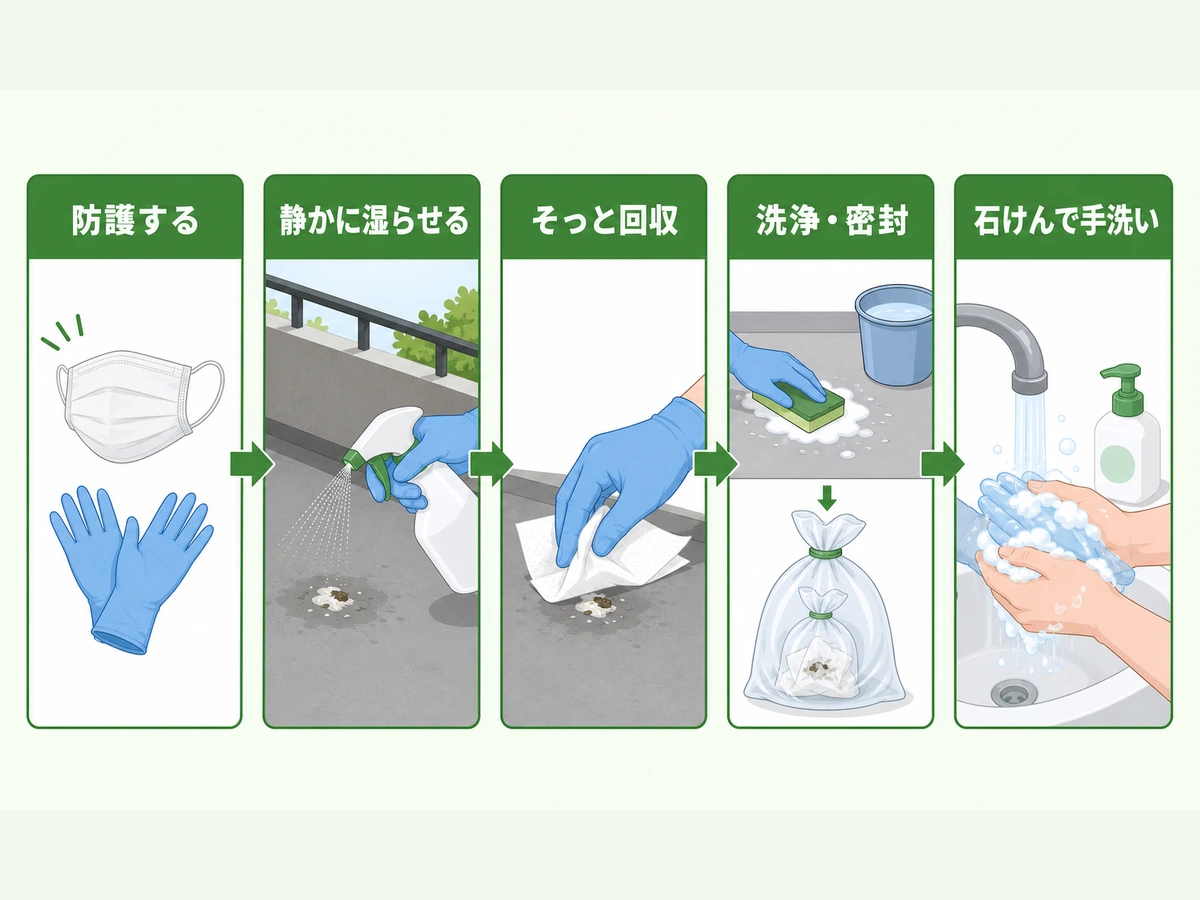 鳥フン掃除の防護・湿潤・回収・洗浄密封・手洗いの5手順