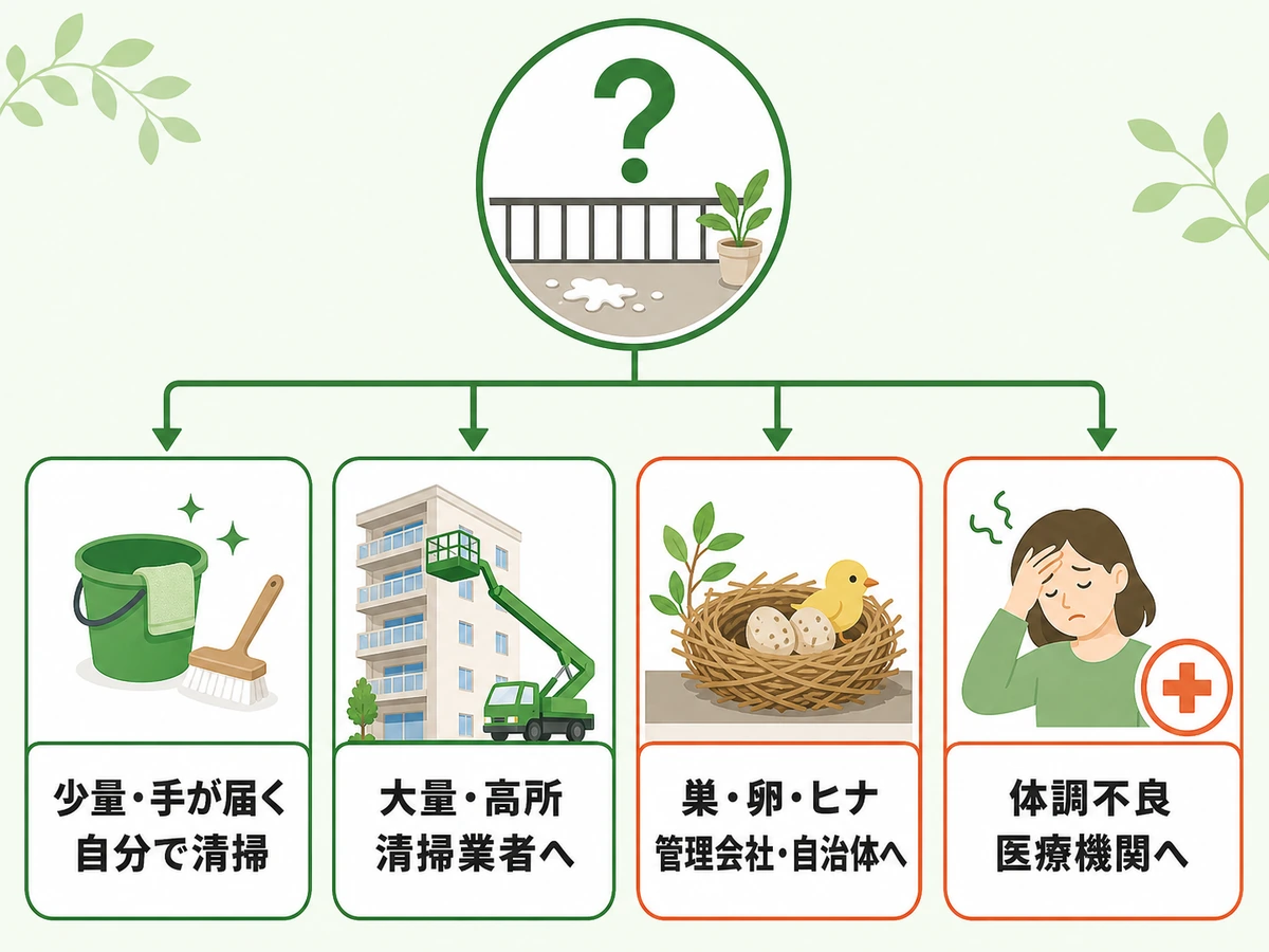 鳥フンの量や場所、巣、体調に応じた相談先の判断図