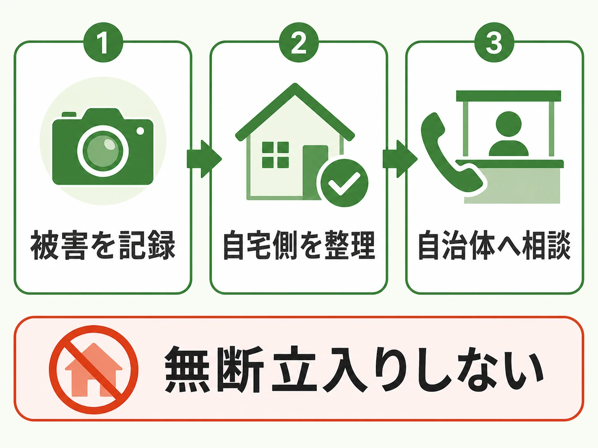 被害を記録し自宅側を整理して自治体へ相談する初動の流れ