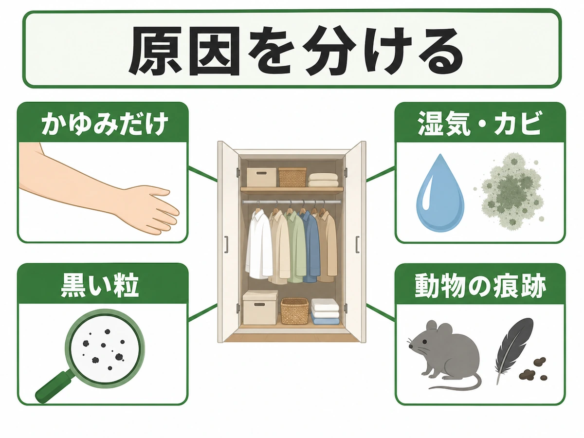 かゆみだけでダニと決めず湿気や痕跡を確認する切り分け図