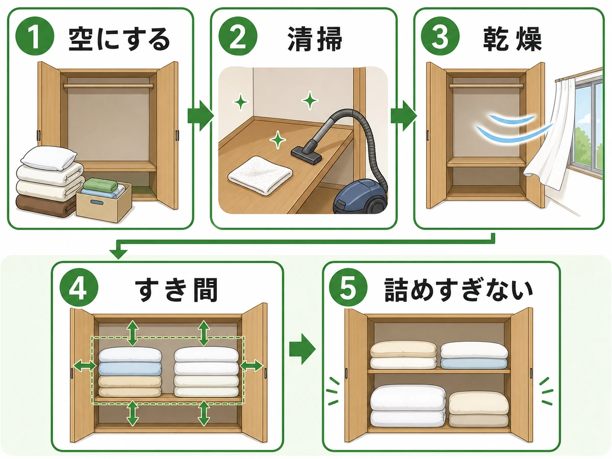 押し入れを空にして清掃・乾燥し詰めすぎを防ぐ流れ