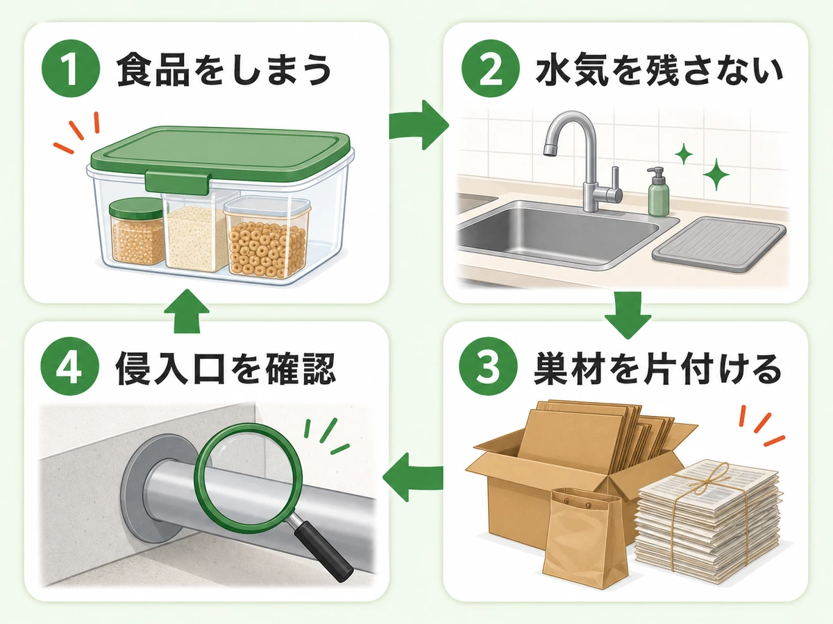 ネズミを寄せ付けにくくするために食品、水気、巣材、侵入口を順に確認する図