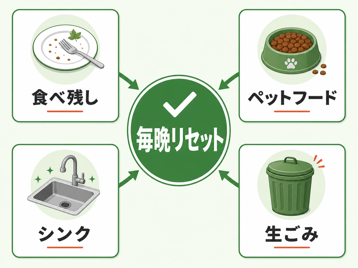 ネズミ対策として食べ残し、ペットフード、シンク、生ごみを毎晩片付ける図