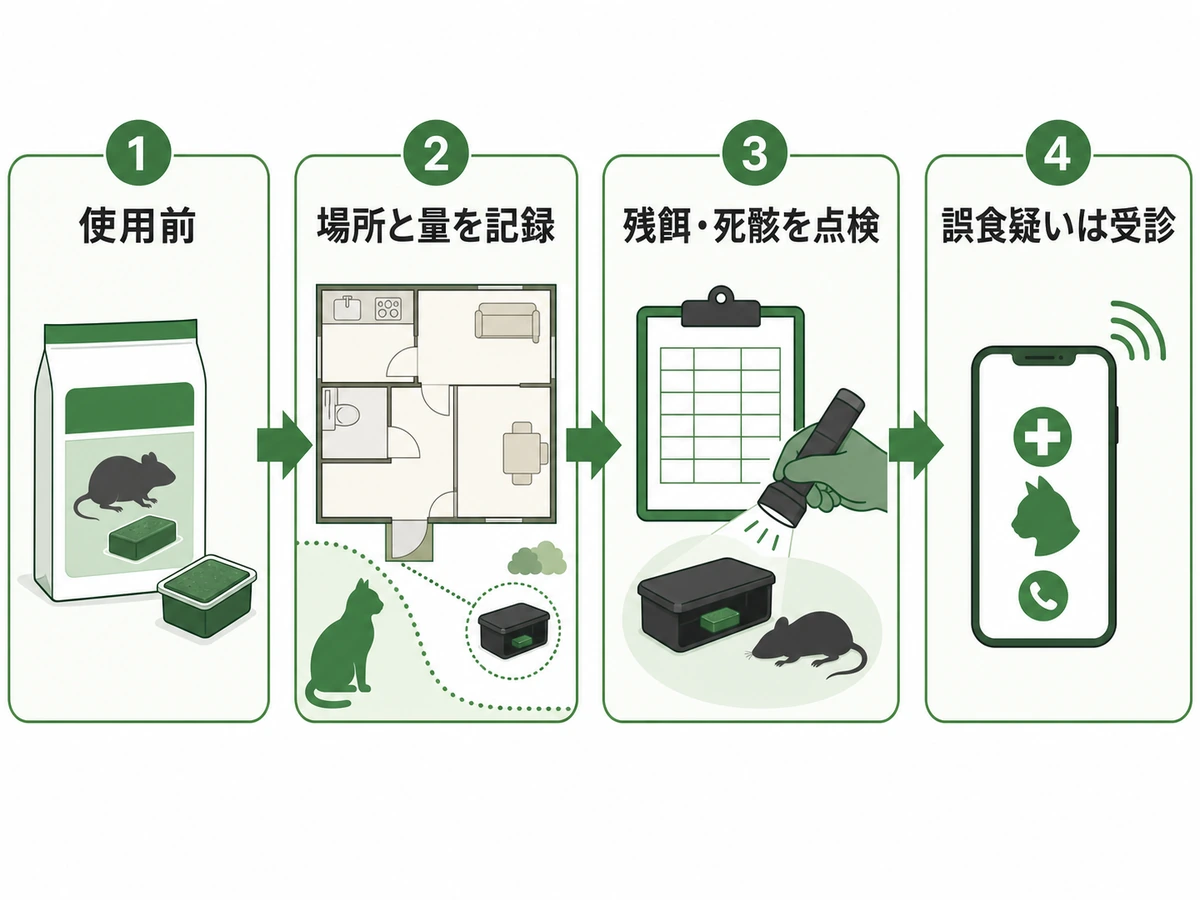 殺鼠剤の使用前から誤食疑い時までの管理フロー