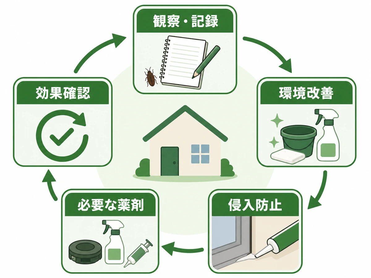観察・記録から効果確認まで家庭のゴキブリIPMを5段階で示す図
