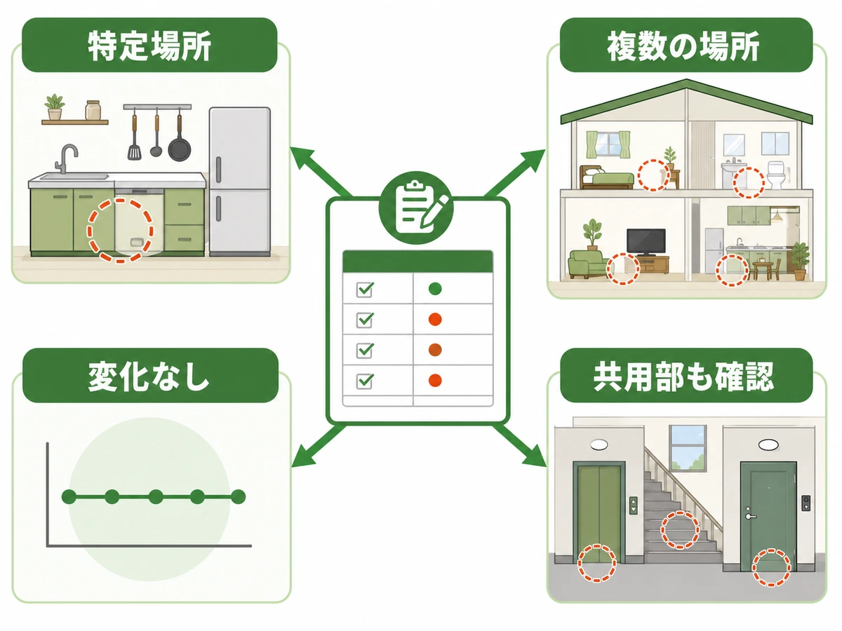 ゴキブリの記録結果を特定場所・複数場所・変化なし・共用部で分ける判断図