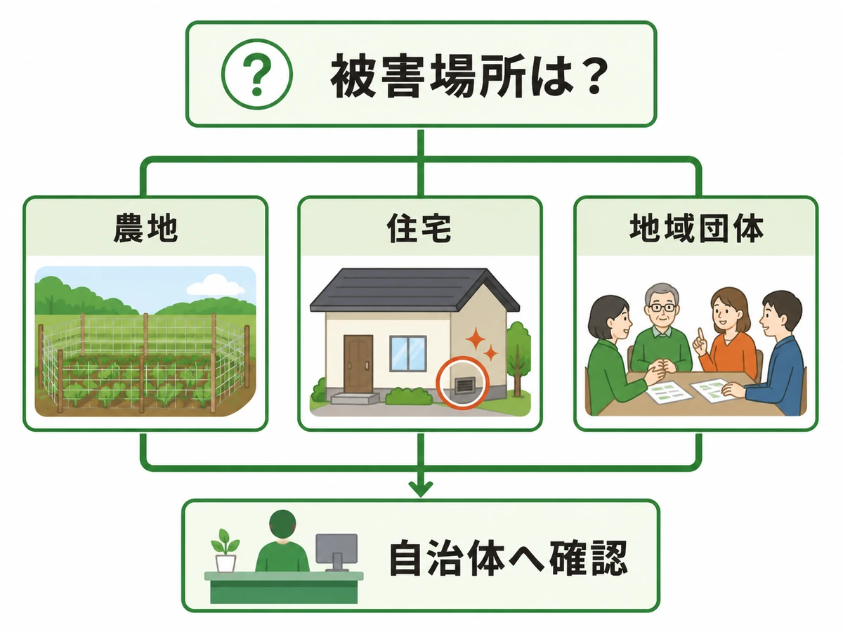 農地・住宅・地域団体で異なる害獣駆除支援の確認先を示す図