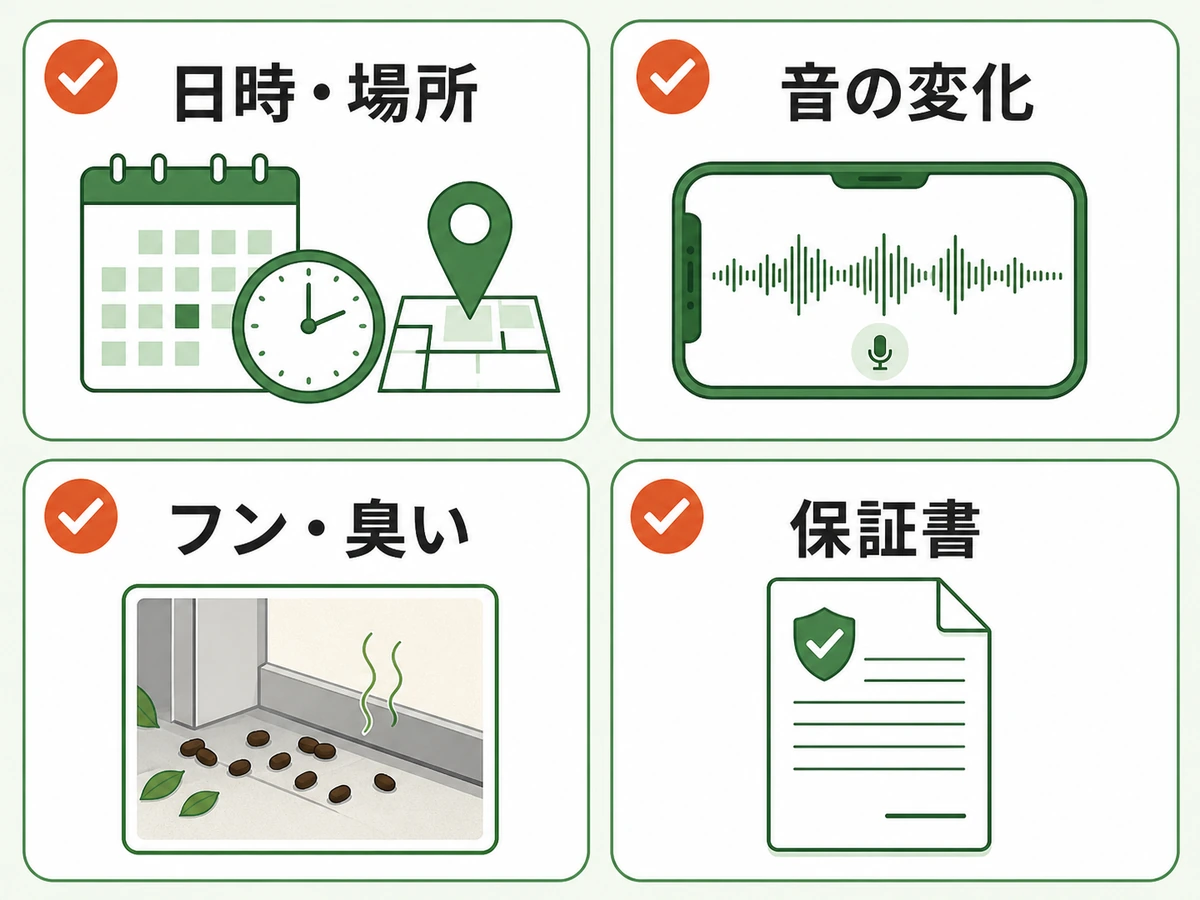 害獣駆除の再点検前に記録する日時・場所、音の変化、フン・臭い、保証書
