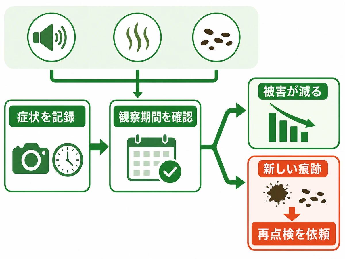 駆除後の症状を記録し、観察期間と新しい痕跡から再点検を判断する流れ