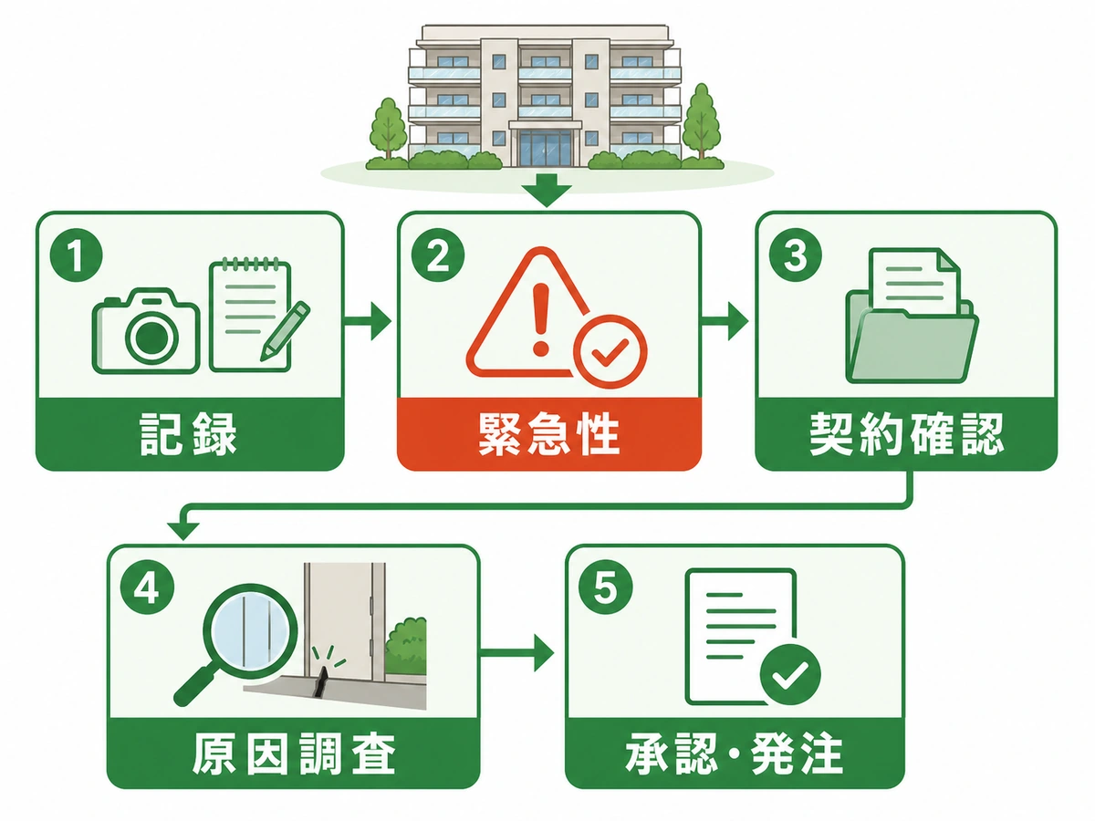 マンションの害獣通報を記録から承認・発注まで進める5段階フロー