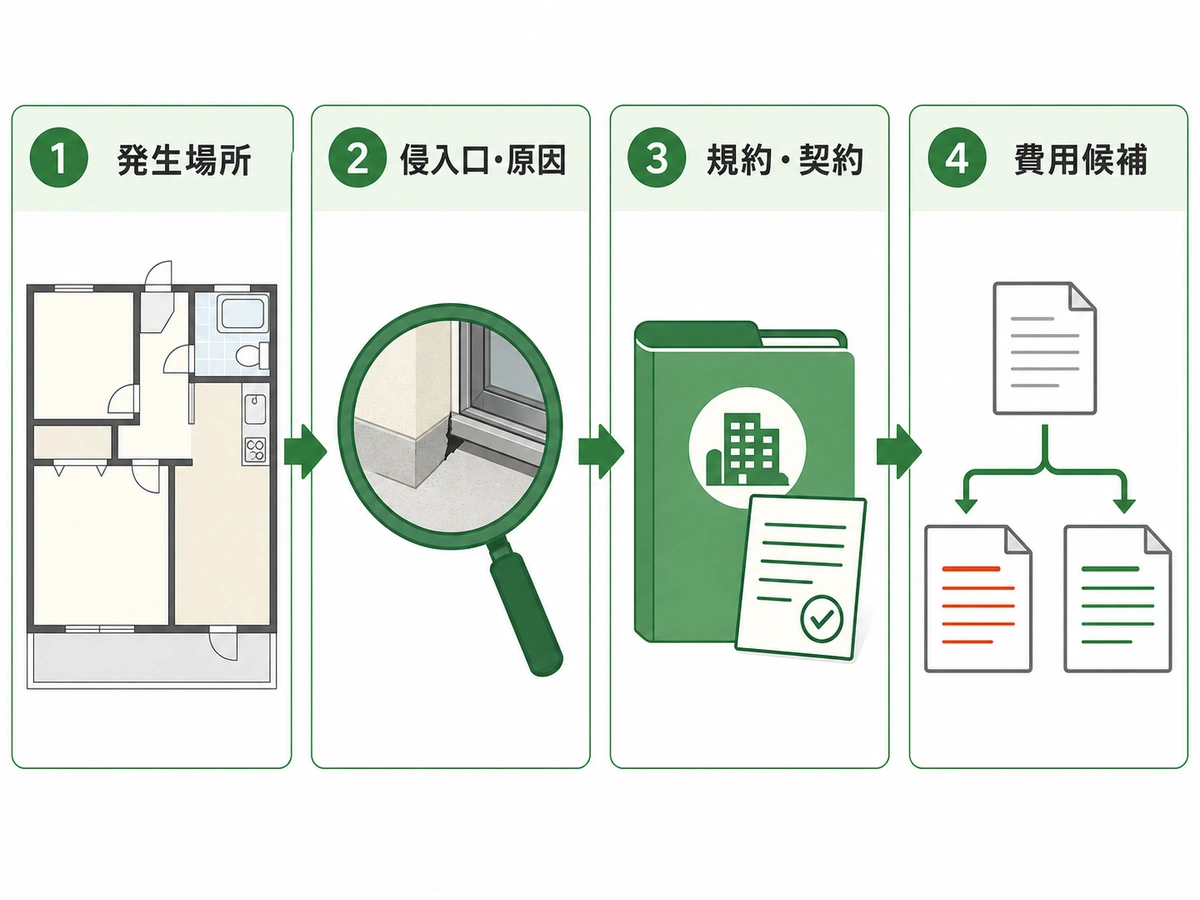 発生場所、侵入口と原因、規約と契約から費用負担の候補を考える判断図