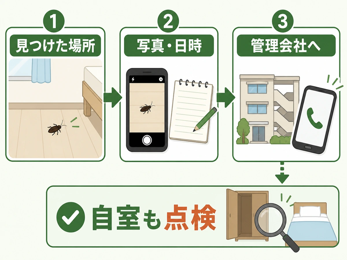 マンションでゴキブリを見た場所と日時を記録し管理会社へ伝えて自室も点検する流れ