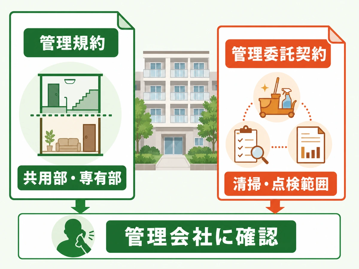 管理規約で共用部と専有部を確認し管理委託契約で清掃と点検範囲を確認する図