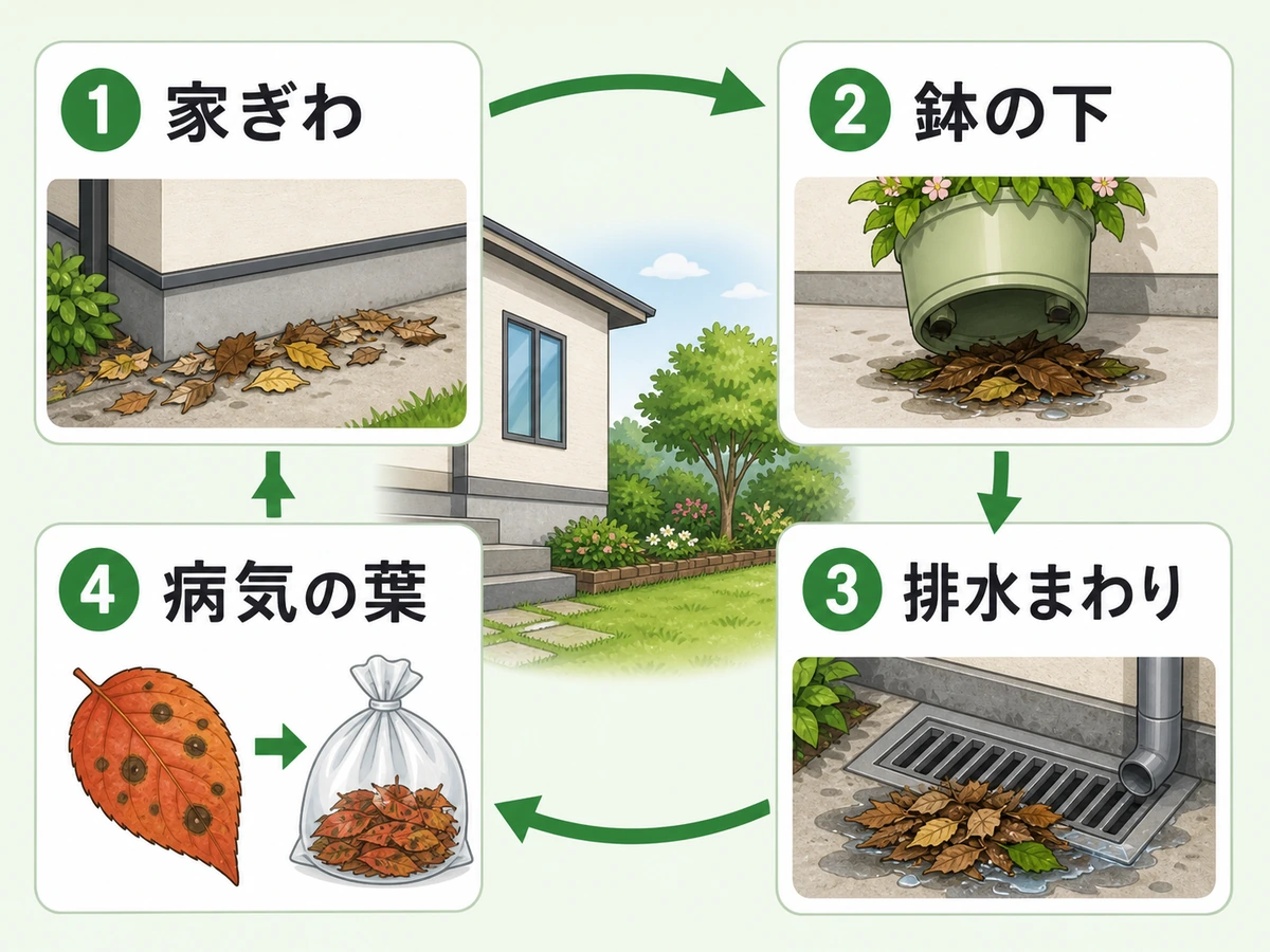 冬前の庭掃除で確認する家ぎわ・鉢の下・排水まわり・病気の葉の4か所