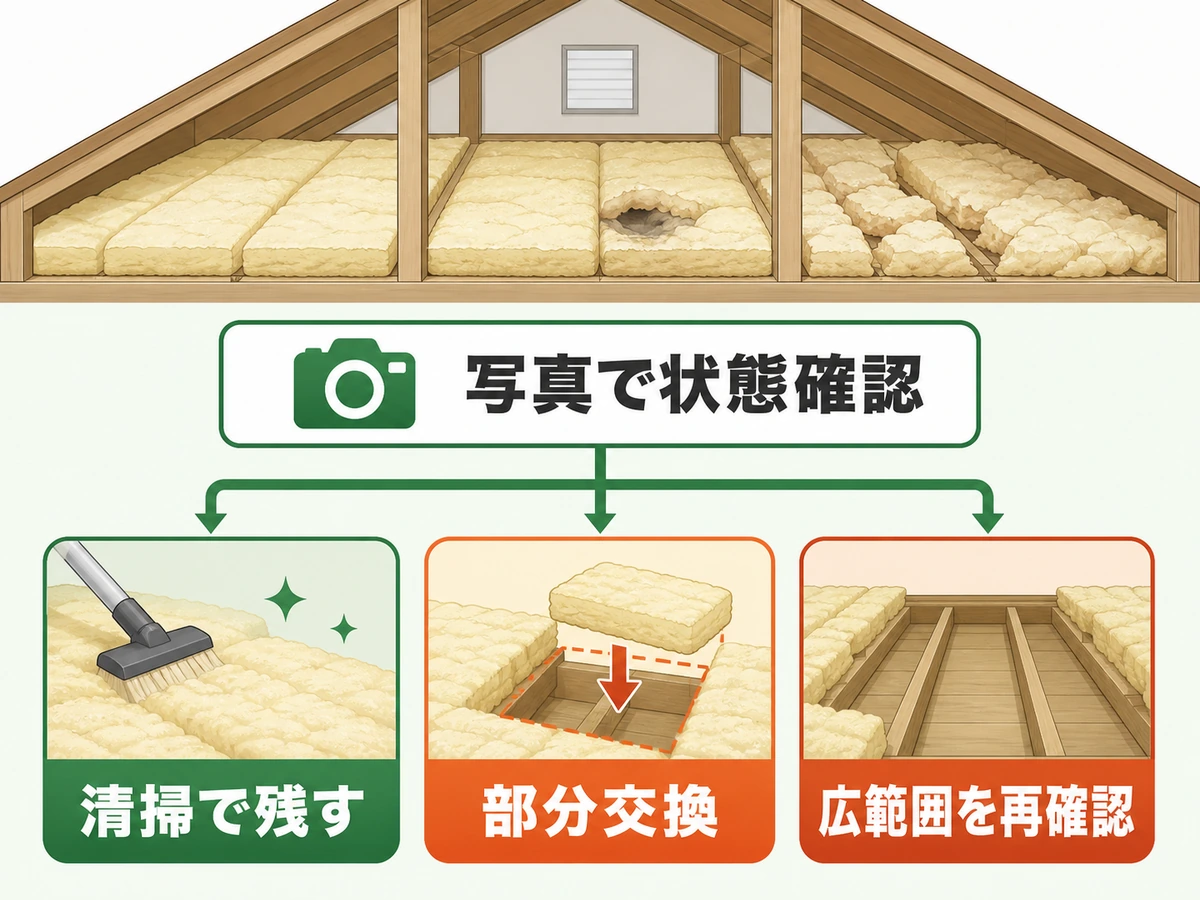 断熱材の写真確認から清掃・部分交換・広範囲の再確認へ分ける判断フロー