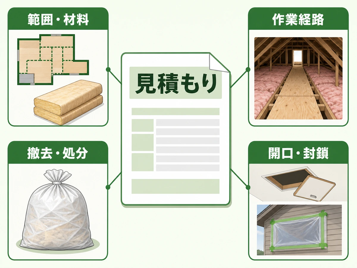 断熱材交換の見積もりを交換範囲・材料仕様・作業経路・撤去処分・開口復旧・侵入口対策に分ける図
