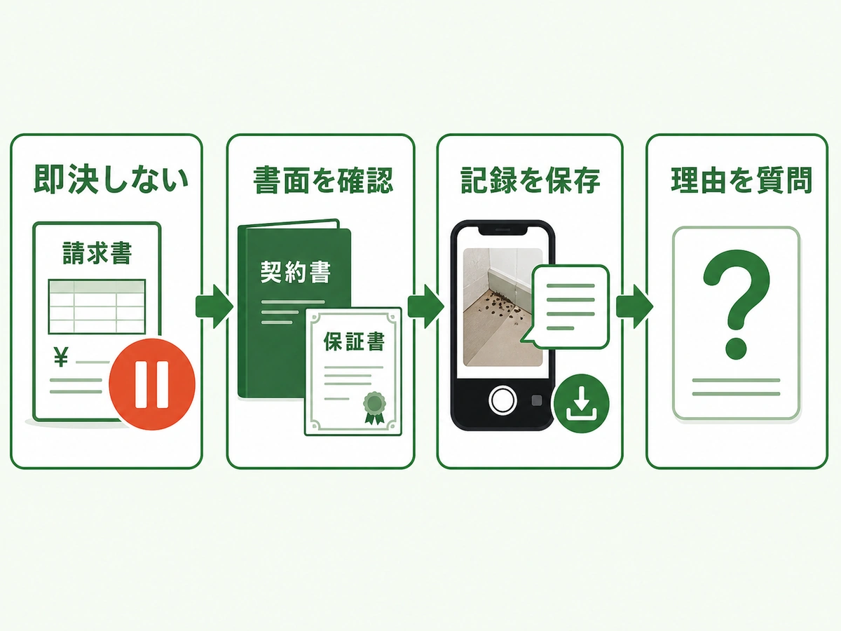 追加費用を請求された直後に即決せず書面と記録を確認する流れ