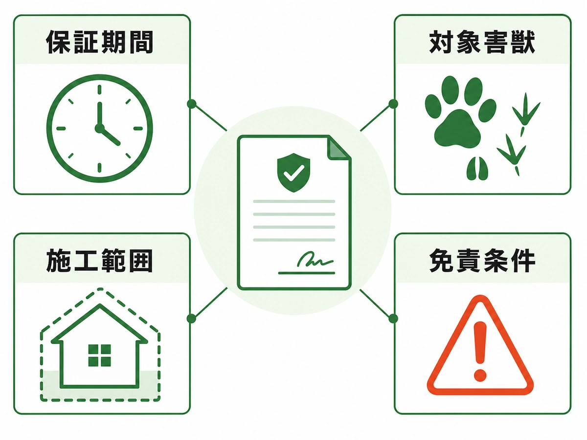 再発保証の対象を保証期間・対象害獣・施工範囲・免責条件で確認する図