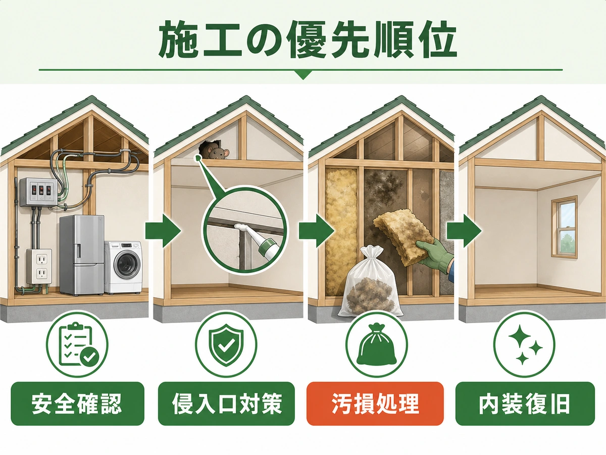 安全確認、侵入口対策、汚損処理、内装復旧の施工優先順位