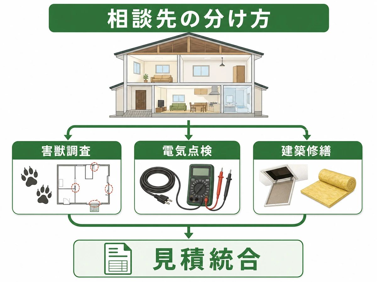 害獣調査、電気点検、建築修繕を分けて見積もりを統合する相談先の図