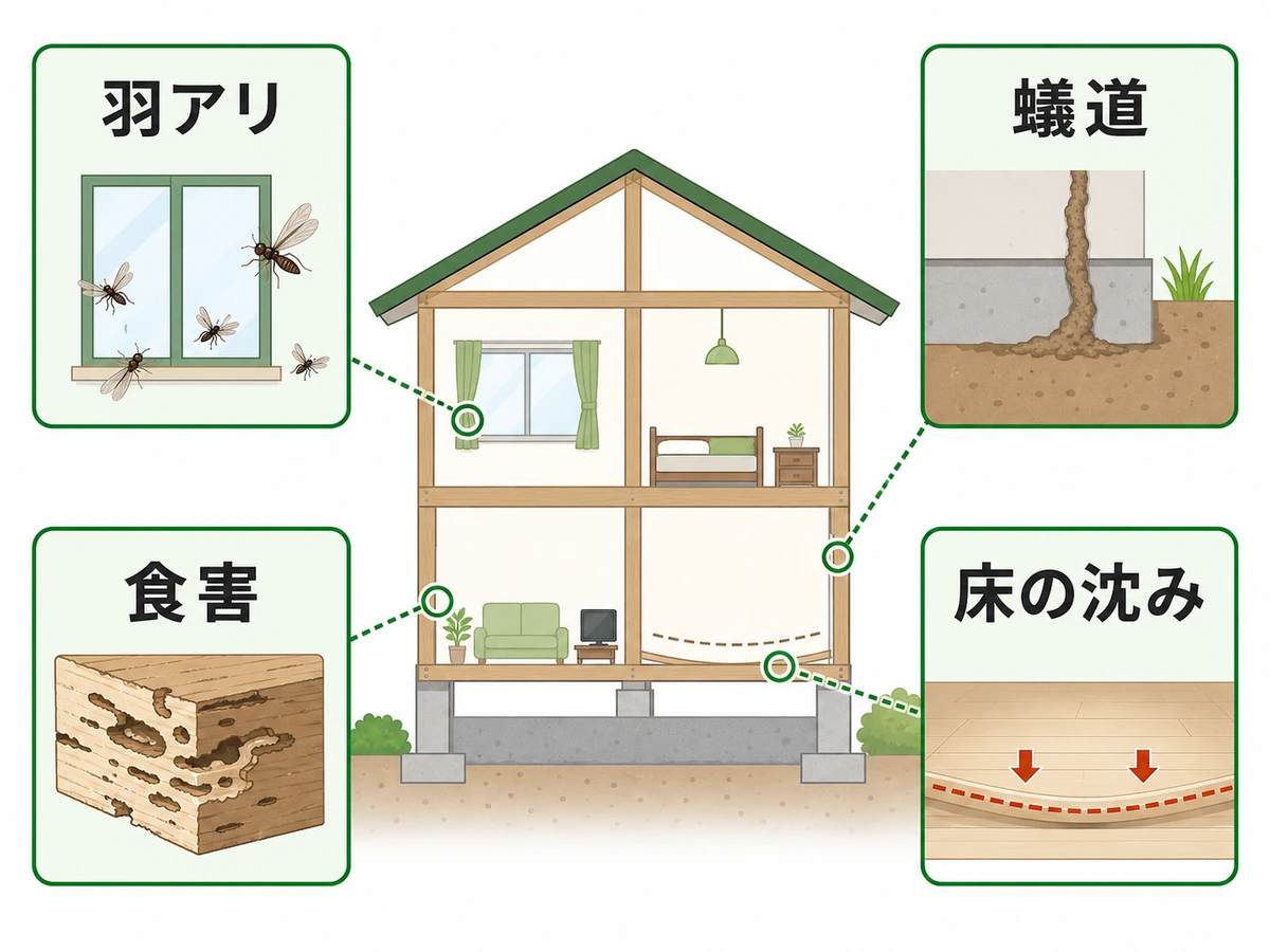 羽アリ、蟻道、食害、床の沈みというシロアリの発生サイン4つを示す図