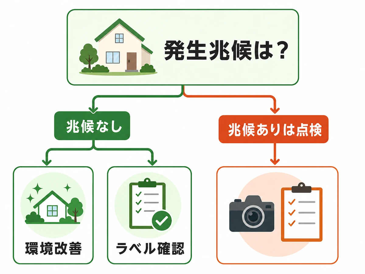 シロアリの発生兆候がなければ環境改善とラベル確認、兆候があれば点検へ進む判断図