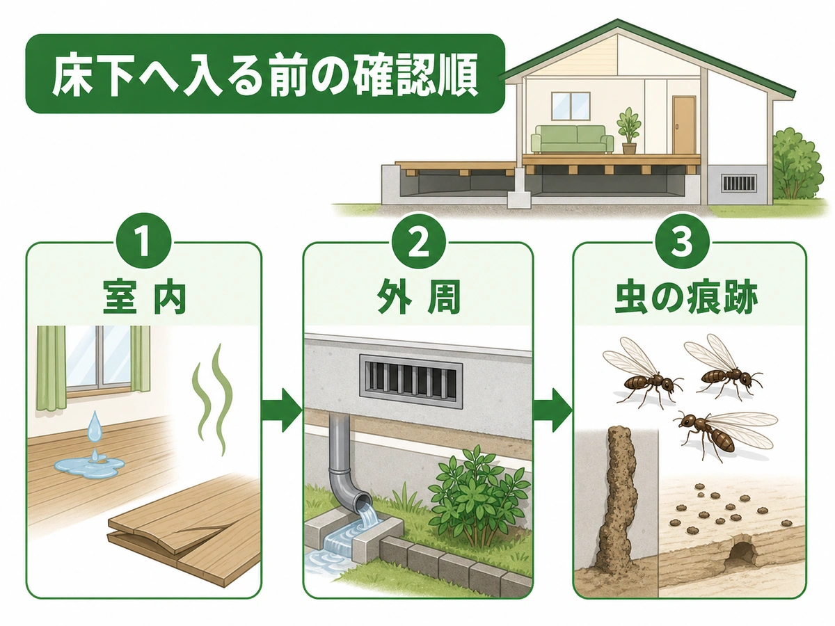 床下へ入る前に室内、外周、虫の痕跡を確認する流れ
