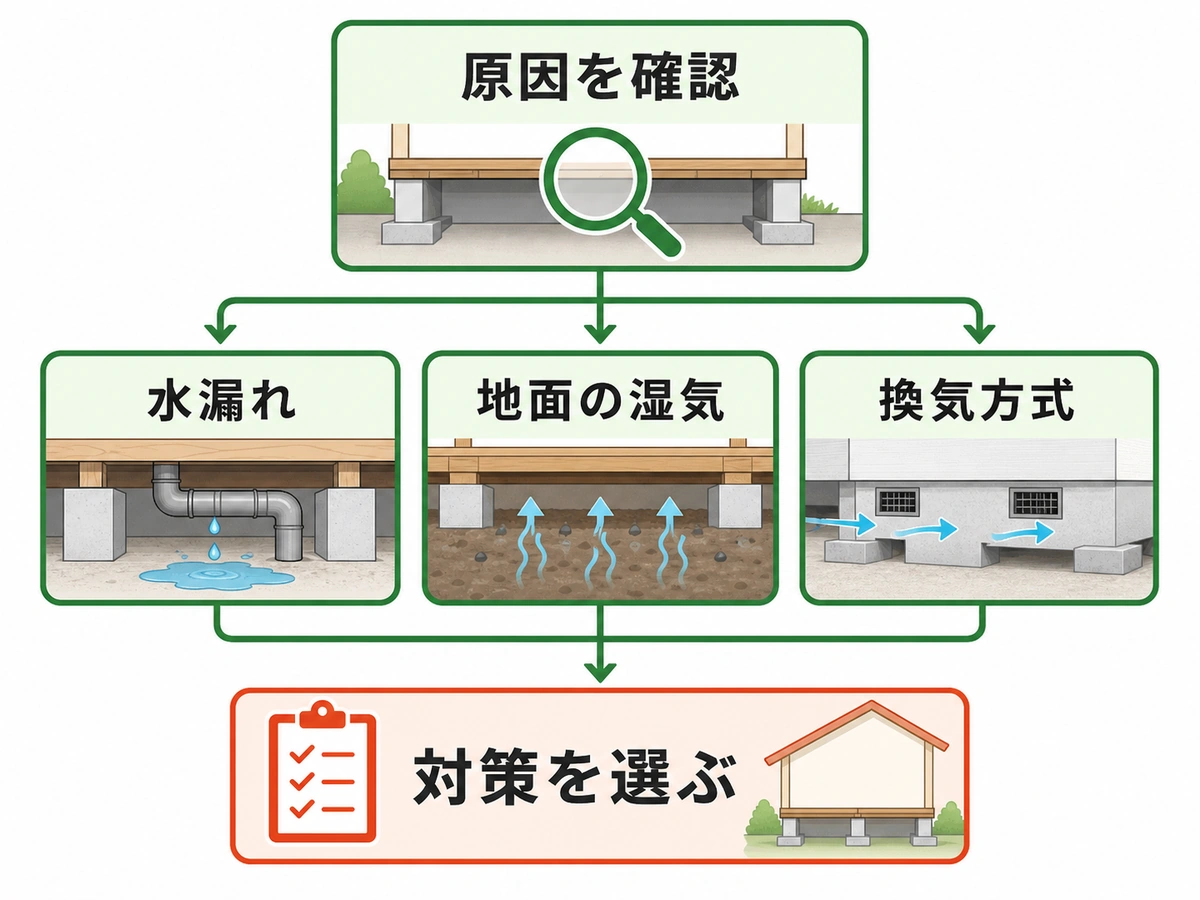 床下の湿気を水漏れ、地面の湿気、換気方式に分けて対策を選ぶ図