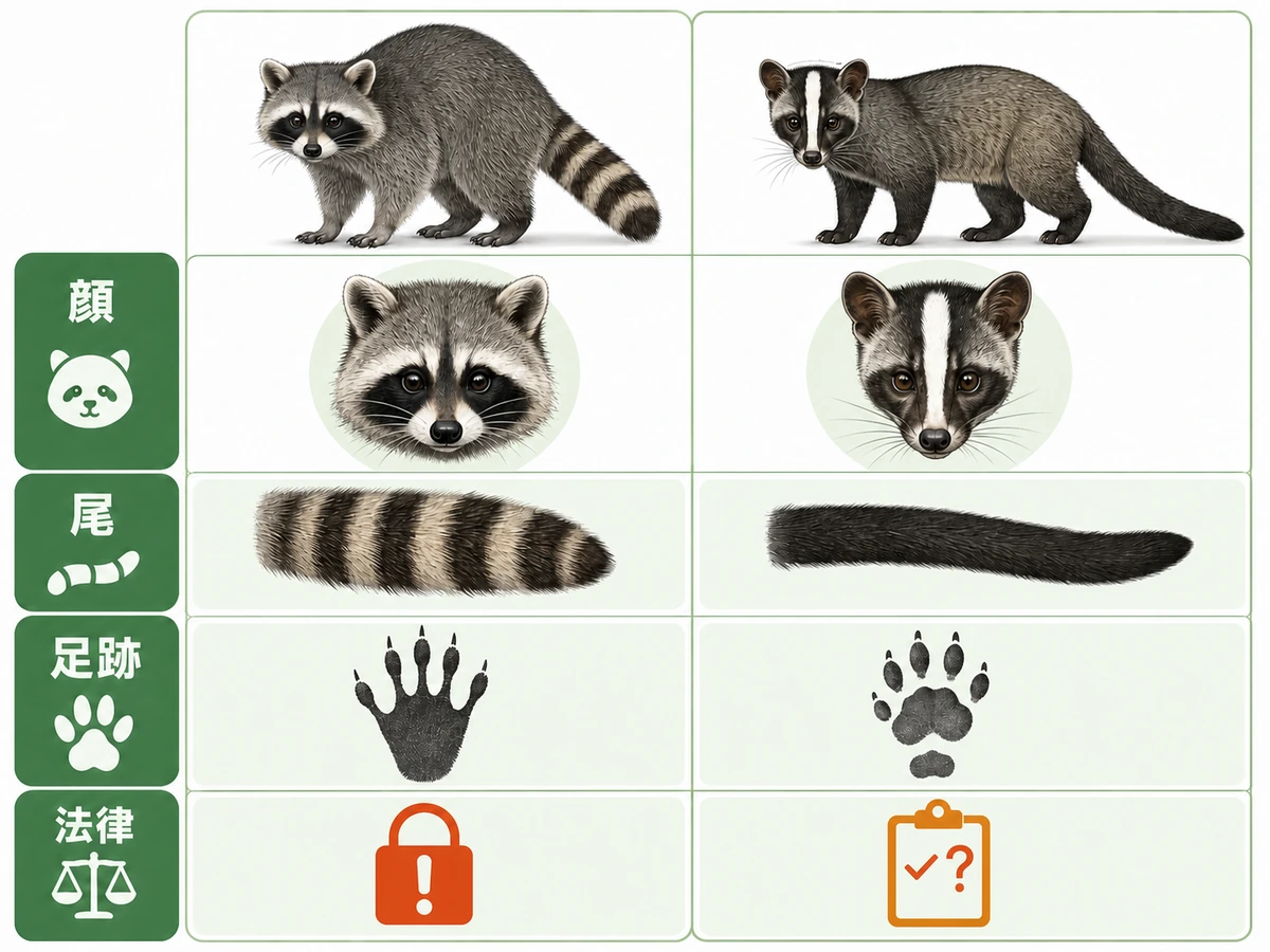 アライグマとハクビシンの顔・尾・足跡・法律上の扱いを比べる図