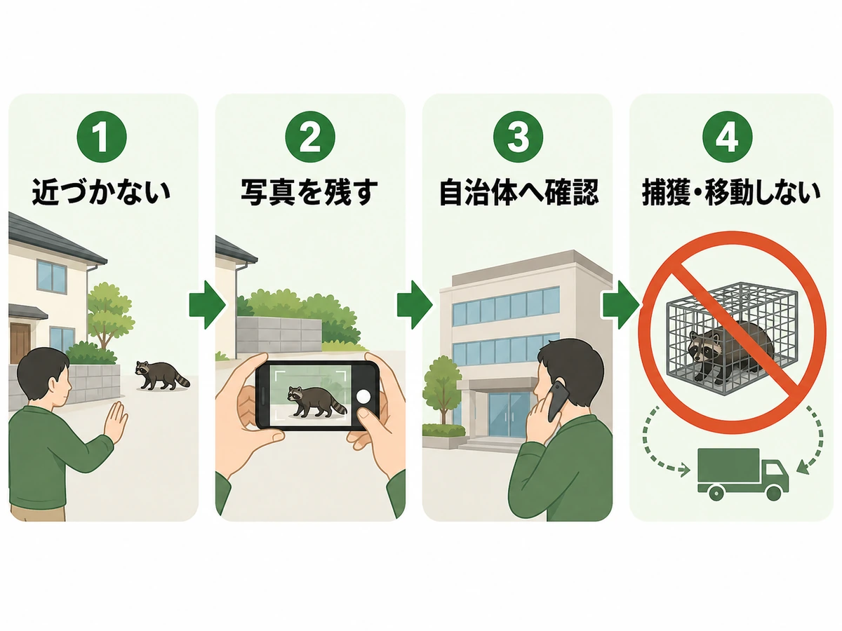 害獣を見つけたときに近づかず記録して自治体へ確認する流れ