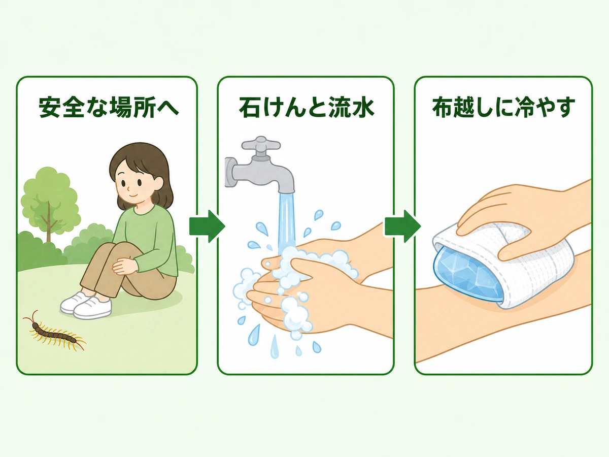 ムカデに刺された直後に安全な場所へ移り、石けんと流水で洗い、布越しに冷やす流れ