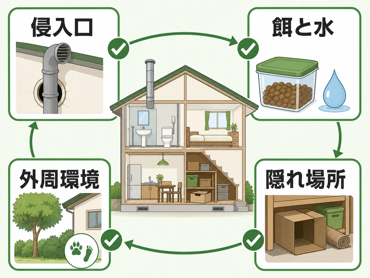 害獣・害虫の再発時に確認する侵入口・餌と水・隠れ場所・外周環境