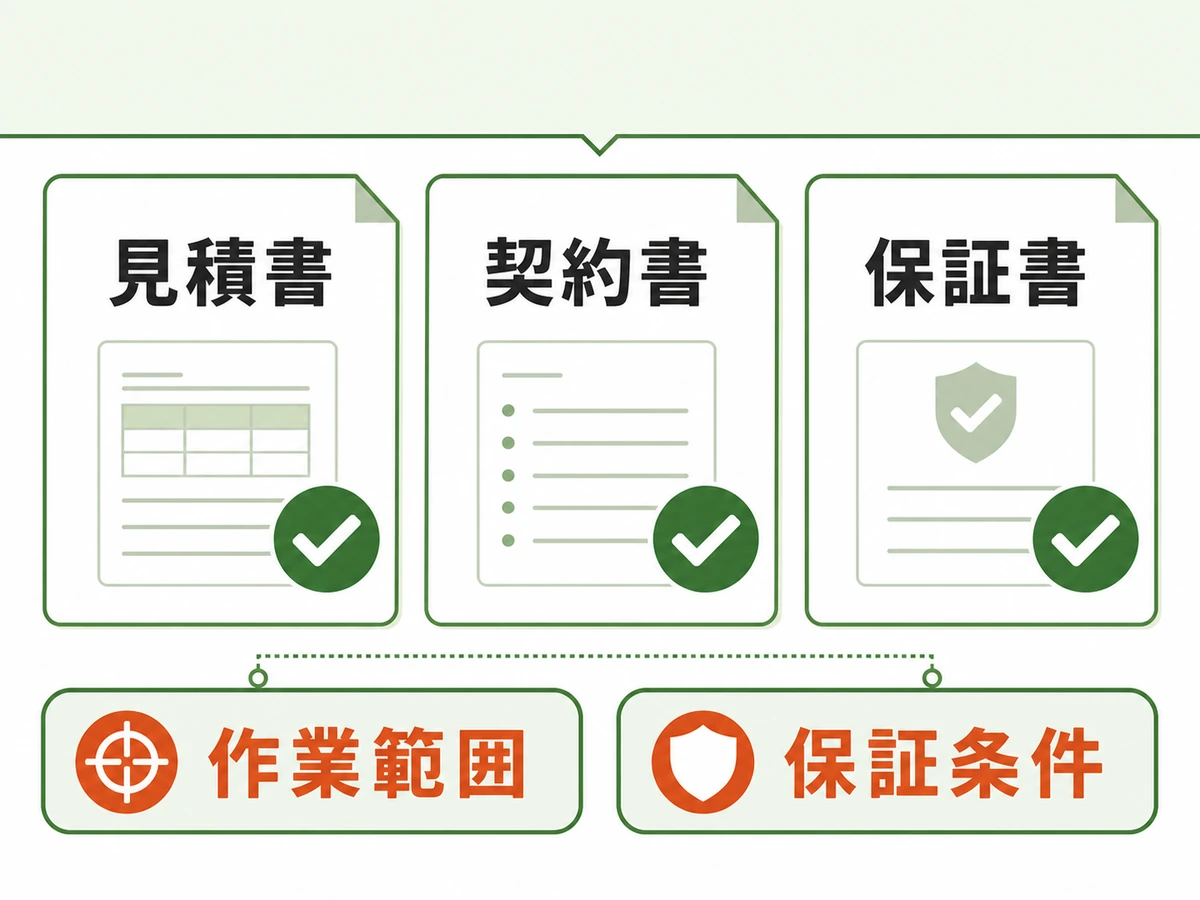 害獣・害虫駆除の見積書・契約書・保証書で作業範囲と保証条件を確認する図