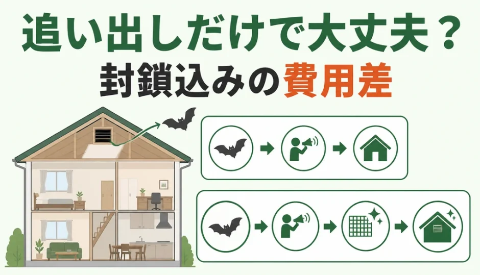 コウモリの追い出しのみと侵入口封鎖込みの費用差を示すイラスト