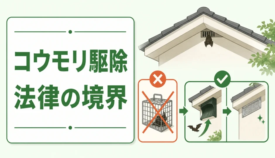 コウモリ駆除で捕獲・殺傷と追い出し・封鎖の法律上の境界を示す図
