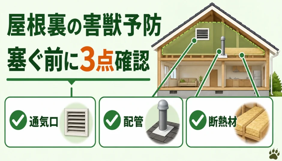 屋根裏の害獣予防で塞ぐ前に通気口・配管・断熱材を確認するポイント