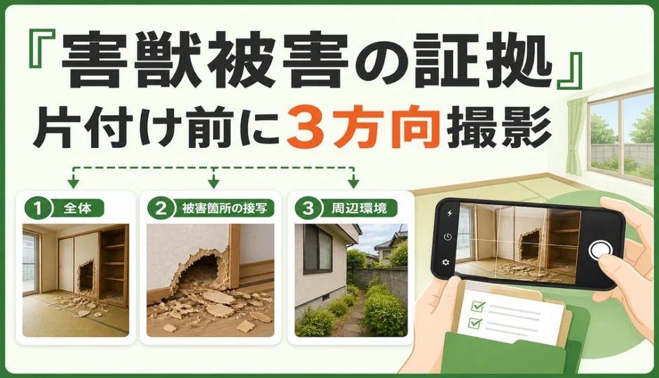 害獣被害を片付ける前に全景・接写・周辺の3方向で記録する方法