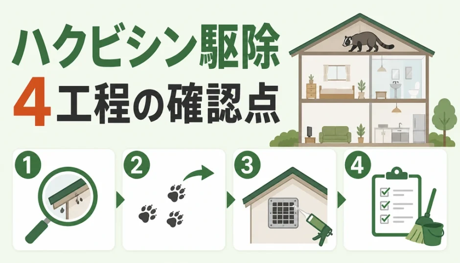 ハクビシン駆除の4工程と確認点を示す図