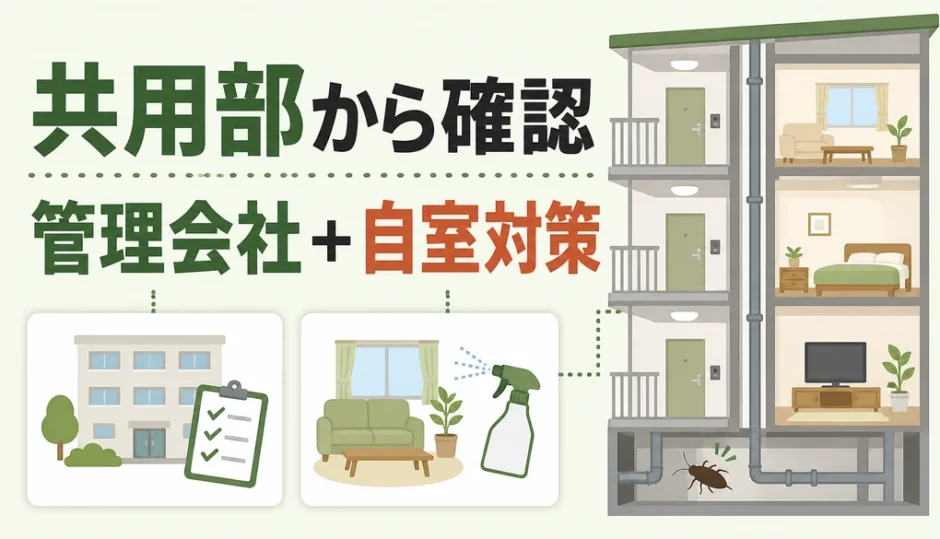 マンションのゴキブリ対策で共用部と管理会社・自室の確認を示す図