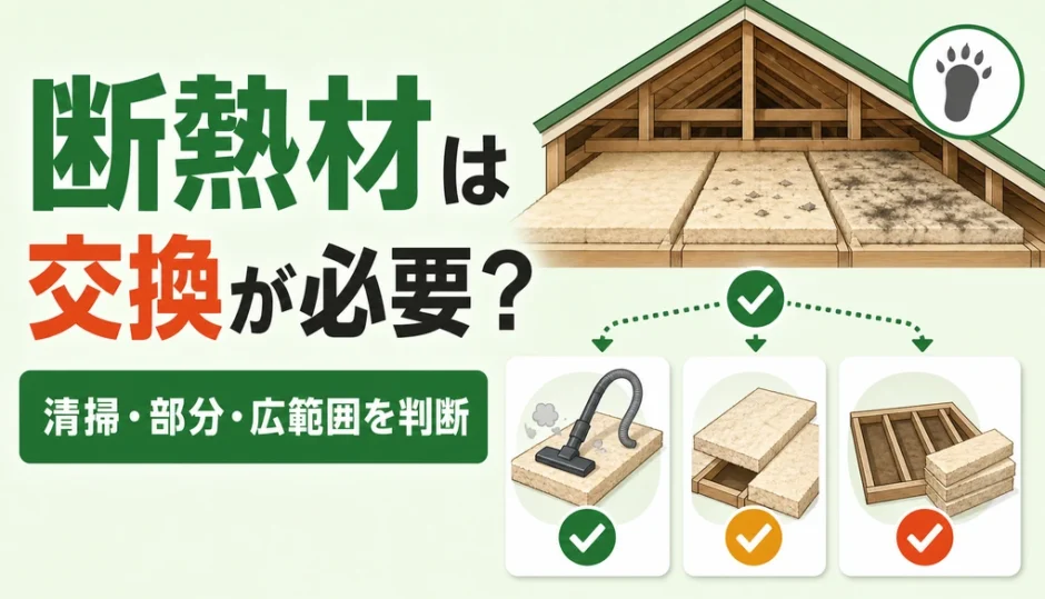 害獣駆除後の断熱材を清掃・部分交換・広範囲交換に分けて判断するイメージ