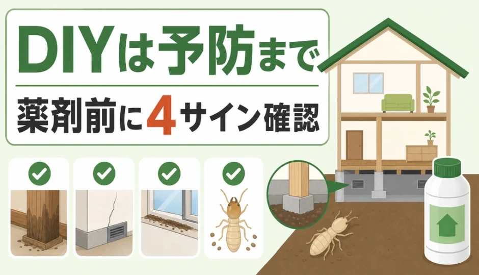 シロアリ予防はDIYでどこまで可能か、薬剤前に4つの兆候を確認する判断を示した図