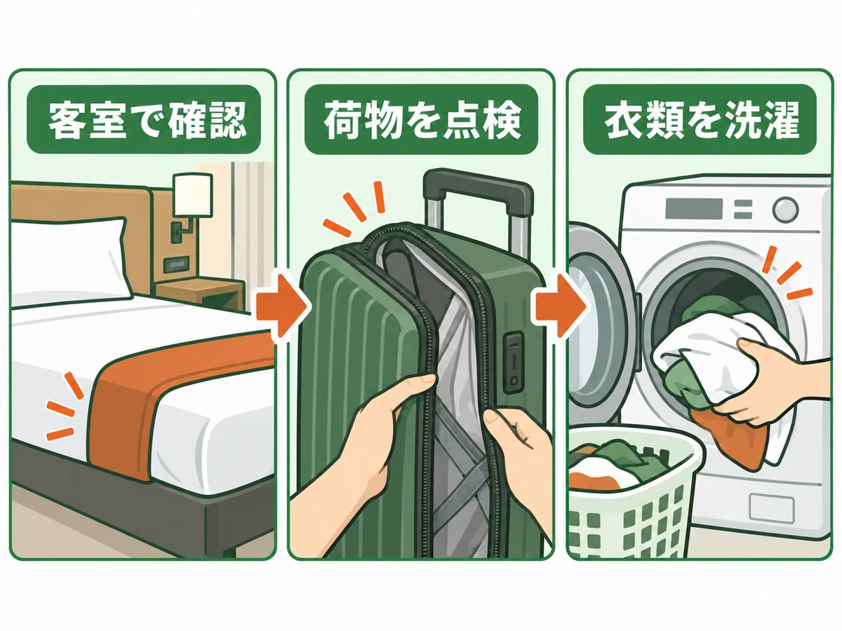 宿泊先の客室を確認し、帰宅後に荷物を点検して衣類を洗濯する流れ