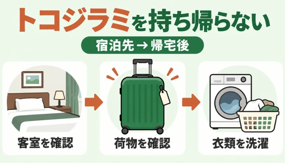旅行先からトコジラミを持ち帰らないために客室・荷物・衣類を確認する3段階